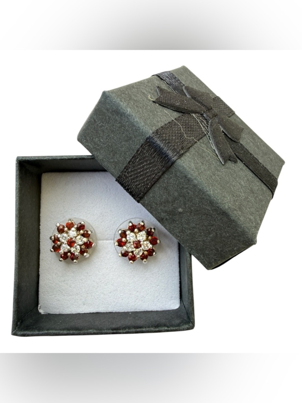 925 Sterling Silver Garnet & White Topaz Pierced Earrings Vintage